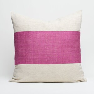 Raw Hill Tribe Hemp Fabric Throw Cushion Pillow 20x20&quot; - Natural Color Hemp Textile Oatmeal Rough Texture Striped Bright Hot Pink #ID2
