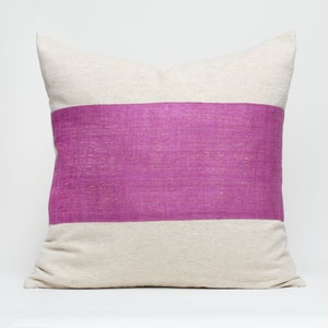 Raw Hill Tribe Hemp Fabric Throw Cushion Pillow 20x20&quot; - Natural Color Hemp Textile Oatmeal Rough Texture Striped Pink #ID2