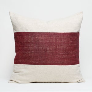 Raw Hill Tribe Hemp Fabric Throw Cushion Pillow 20x20&quot; - Natural Color Hemp Textile Oatmeal Rough Texture Striped Dark Red Burgundy #ID2