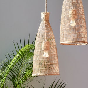 Natural Bamboo Light - Handmade Pendant Lamp / Hanging Repurposed Fishing Trap Basket, Non Rattan Wooden Lamp Woven Rope Rustic Lamp