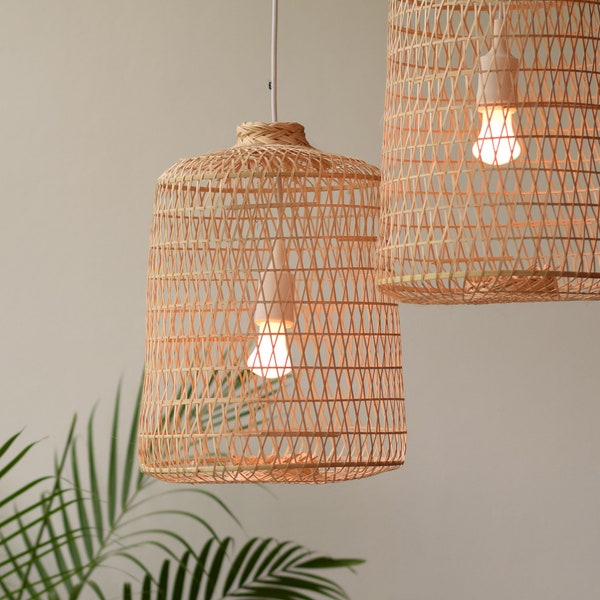 Fishing Trap Bamboo Light - Handmade Woven Pendant Lamp / Hanging Repurposed Asian Natural Basket, Wooden Style Restaurant Rustic Thai Weave