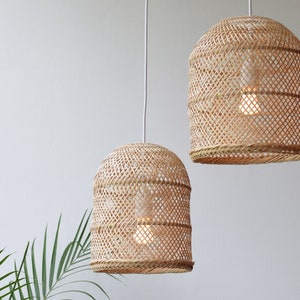 Bamboo Pendant Lights - Handmade Wooden Lampshade Hanging Repurposed Fishing Trap Basket, Hanging Natural Woven Boho Rustic Lamp Set Rope