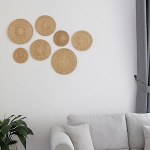 ROUND - Set of 7 - Woven Rattan Wall Decor Art Set- Round Plate Style Wicker Seagrass Winnowing Hanging Brown Oatmeal Tan Natural
