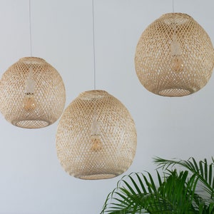 Round Bamboo Pendant Light Lampshade Basket Ball Sphere Hanging Repurposed Fishing Trap Basket Natural Woven Rustic Asian Hardwired or Plug