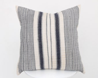 Poszewka na poduszkę z konopi w stylu vintage Hmong, w czarne, indygo paski, 20x20