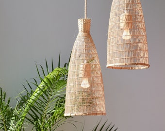 Natural Bamboo Light - Handmade Pendant Lamp / Hanging Repurposed Fishing Trap Basket, Non Rattan Wooden Lamp Woven Rope Rustic Lamp