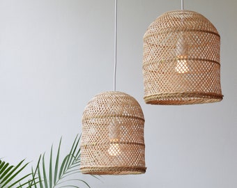 Bamboo Pendant Lights - Handmade Wooden Lampshade Hanging Repurposed Fishing Trap Basket, Hanging Natural Woven Boho Rustic Lamp Set Rope