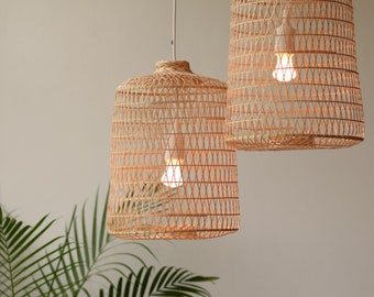 Fishing Trap Bamboo Light - Handmade Woven Pendant Lamp / Hanging Repurposed Asian Natural Basket, Wooden Style Restaurant Rustic Thai Weave