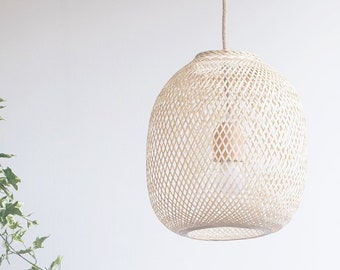 Round Bamboo Pendant Light - Handmade Wooden Pendant Lamp Hanging Repurposed Fishing Trap Basket, Hanging Natural Woven E27 Boho Rustic Lamp