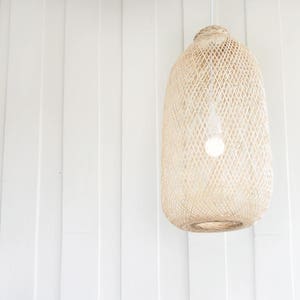 Bamboo Pendant Light Handmade Wooden Lamp Hanging Repurposed Fishing Trap Basket Swag or Canopy Restaurant Lampshade Natural Woven Rustic image 4