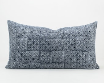 Hill Tribe Indigo Batik Pillow Cover / Lumbar Cushion Cover | Hmong Indigo Lumbar Pillow Rectangle Hmong Dark Cotton Batik Lumbar Size