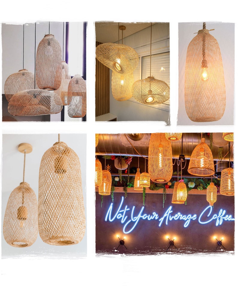 Handwoven Bamboo Rattan Pendant Light, Wicker Shade, Flexible Natural Wood Basket, Rustic Farmhouse Lighting, Canopy Kit or Plug In Swag Kit image 4