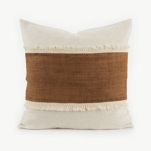 Raw Hill Tribe Hemp Fabric Throw Cushion Pillow 20x20&quot; - Natural Color Textile Oatmeal Rough Texture Striped Brown Tassel Fringe #ID2