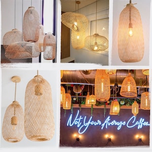 Bamboe hanglamp handgemaakte houten hanglamp, hangende hergebruikte visvalmand, hangende natuurlijk geweven E27 Boho rustieke lampwereld afbeelding 4