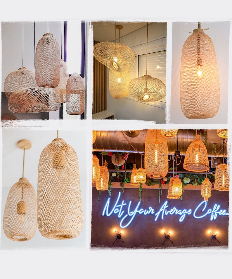 May include: A collection of woven rattan pendant lights in various shapes and sizes. The lampshades are beige and tan, with visible light bulbs inside. The image also includes a neon sign that says "Not Your Average Coffee".