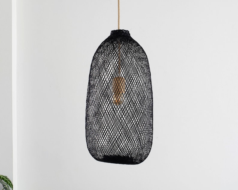 Black Bamboo Pendant Light Natural Woven Fish Trap Basket Hanging Wood Lampshade Basket Shapeable Round Asian Restaurant Wedding Lighting image 6