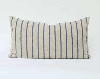 Striped Linen Lumbar Cushion - Blue Oatmeal Natural Linen Throw Pillow w/ Kapok Insert = Rustic Textile Woven Weave Fabric Beige Blue