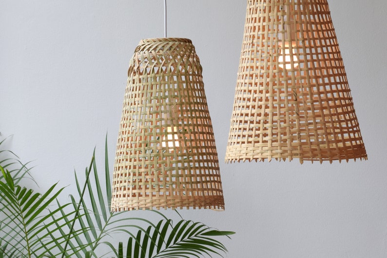 Repurposed Fishing Trap Basket Bamboo Pendant Light Handmade Cone Shaped Wooden Pendant Lamp, Hanging Natural Woven Rustic Asian Lampshade image 3