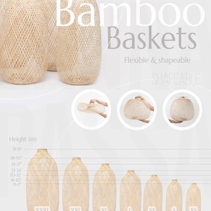 May include: Several woven bamboo baskets of varying sizes are displayed, showcasing their flexible and shapeable design. The image includes a size chart with measurements in inches, ranging from XS to XXXL, with heights from 15-17 inches to 31-35 inches and diameters from 7-8 inches to 14-17 inches.