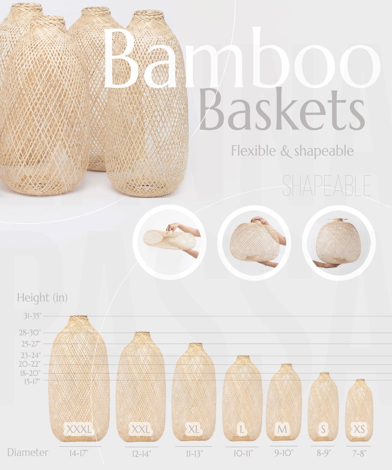 May include: Several woven bamboo baskets of varying sizes are displayed, showcasing their flexible and shapeable design. The image includes a size chart with measurements in inches, ranging from XS to XXXL, with heights from 15-17 inches to 31-35 inches and diameters from 7-8 inches to 14-17 inches.