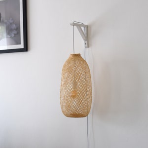 Plug In Wall Mount Lamp Pendant - Bamboo Pendant Wall Sconce Style w/ Switch Wood Lampshade Fish Trap Aspen Bracket Hanging Natural White