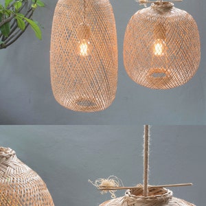 Bamboo Pendant Light Handmade Wooden Lamp Hanging Repurposed Fishing Trap Basket Swag or Canopy Restaurant Lampshade Natural Woven Rustic image 3