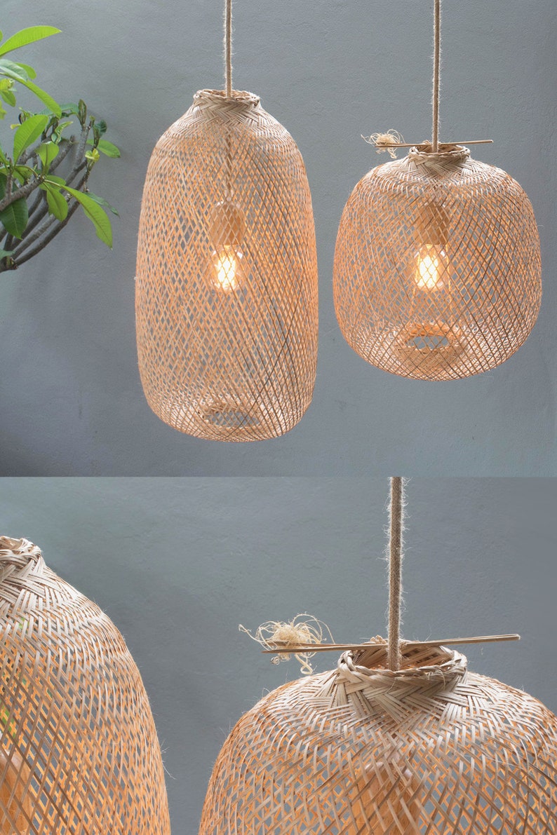 Bamboo Pendant Light Handmade Wooden Lamp Hanging Repurposed Fishing Trap Basket Swag or Canopy Restaurant Lampshade Natural Woven Rustic zdjęcie 3