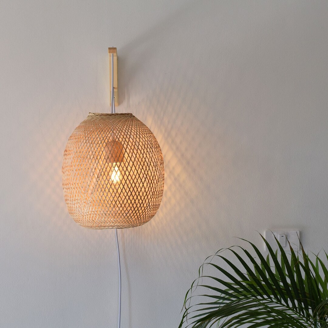 Plug in Wall Mount Lamp Pendant Round Ball Bamboo Pendant Wall Sconce