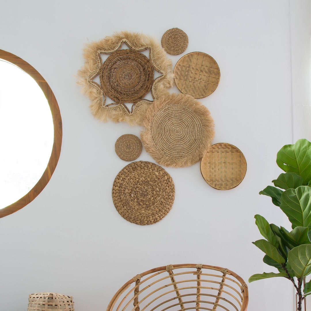 Set of 7 Hand Woven Bamboo Rattan Wicker Wall Art Wall Decor Hanging