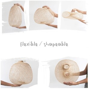 May include: A collection of woven, beige-colored lampshades in various shapes, including oval and round. The lampshades are held by hands, showcasing their flexibility and shapeability. The text "flexible / shapeable" is displayed in gray.