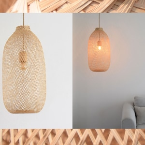 Lámpara colgante de bambú tejida, lámpara de madera hecha a mano, colgante, trampa de pesca reutilizada, cesta, restaurante, iluminación de boda, rústico natural imagen 6