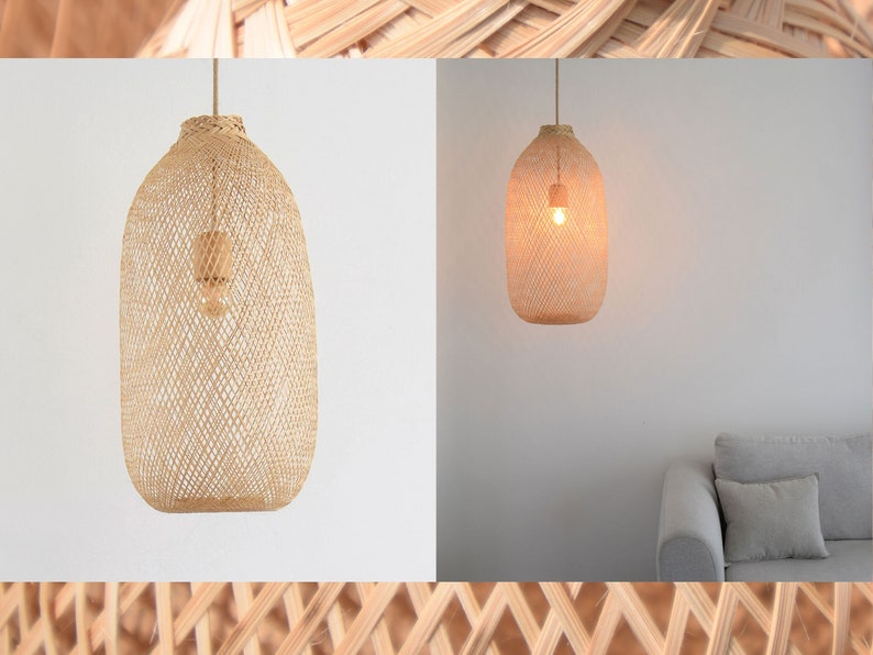 Lámpara colgante de bambú tejida, lámpara de madera hecha a mano, colgante, trampa de pesca reutilizada, cesta, restaurante, iluminación de boda, rústico natural imagen 6