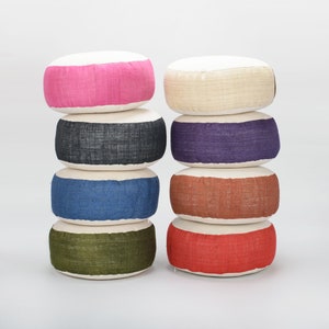 Raw Hill Tribe Hemp Kapok Filled Zafu Small Ottoman Pouf Pouffe Oatmeal Tan Cream Round Organic Meditation Cushion Floor Pillow Hmong Fabric