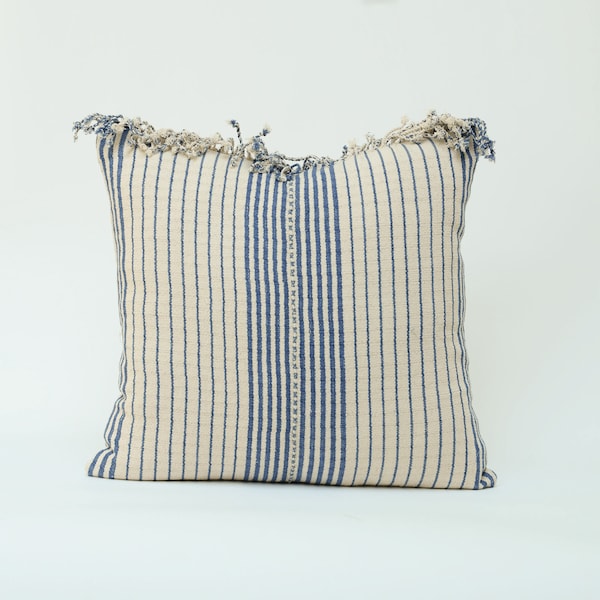 Handwoven Hill Tribe Cotton Throw Pillow Cushion Cover 20x20" Tribal Blue Pastel Cream beige Oatmeal Textile Striped Weave Tassel