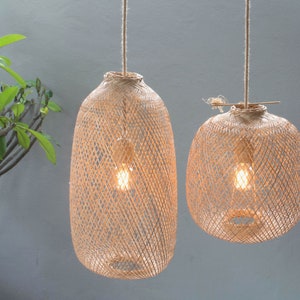 Bamboe hanglamp handgemaakte houten hanglamp, hangende hergebruikte visvalmand, hangende natuurlijk geweven E27 Boho rustieke lampwereld afbeelding 1