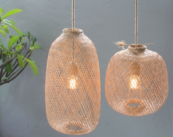 Bamboe hanglamp - handgemaakte houten hanglamp, hangende hergebruikte visvalmand, hangende natuurlijk geweven E27 Boho rustieke lampwereld