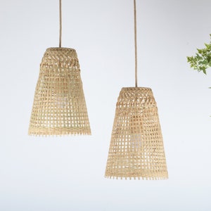 Repurposed Fishing Trap Basket Bamboo Pendant Light Handmade Cone Shaped Wooden Pendant Lamp, Hanging Natural Woven Rustic Asian Lampshade image 1
