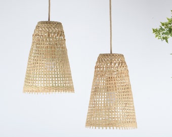 Repurposed Fishing Trap Basket Bamboo Pendant Light - Handmade Cone Shaped Wooden Pendant Lamp, Hanging Natural Woven Rustic Asian Lampshade