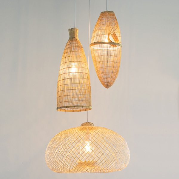Bamboo Chandelier Pendant Cluster Set - Three Shades One Canopy, Natural Wood Rustic Woven Basket Lighting Farmhouse Hanging Lamp Lampshades