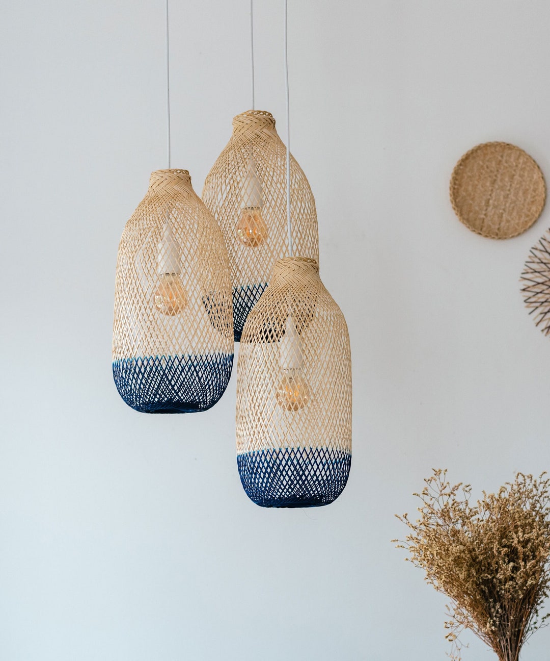 Rustic Cluster Pendant Lighting - Bamboo Baskets Hand-dyed Navy Blue ...