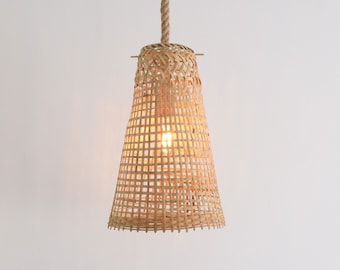 Thick Rope Fishing Trap Bamboo Pendant Lamp / Repurposed Handmade Hanging Wooden Light Woven Boho Rustic Hardwire Ceiling Natural Hardwired