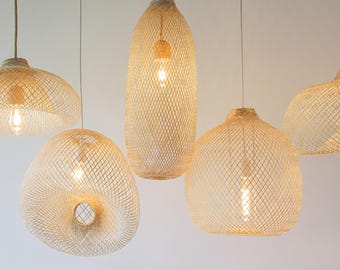 Lampada a sospensione in bambù intrecciato flessibile Boho, lampada a sospensione in vimini di rattan, cestino rotondo alto