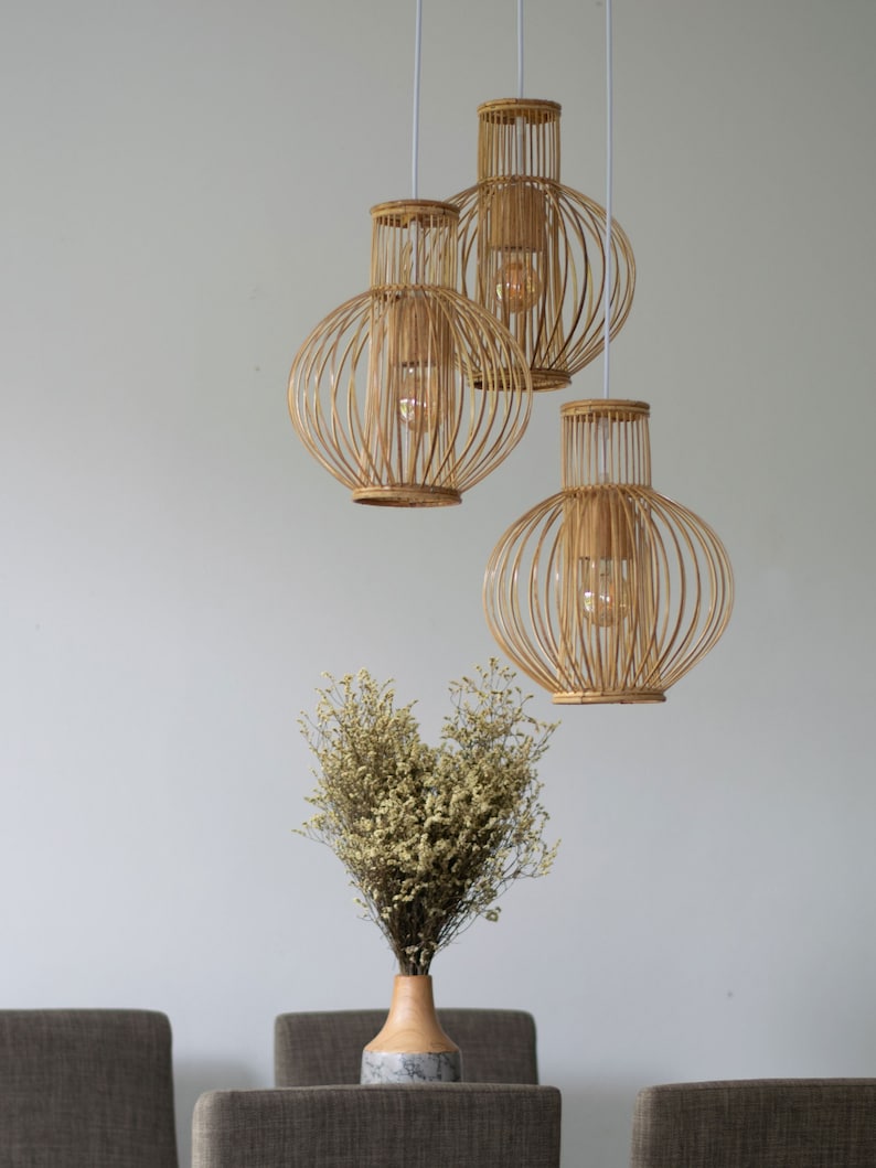 Bamboo Rattan Pendant Light - Handmade Wood Basket Lamp Natural Vase Droplet Shade Shaped Lighting w/ Wood or White Ceiling shops Canopy