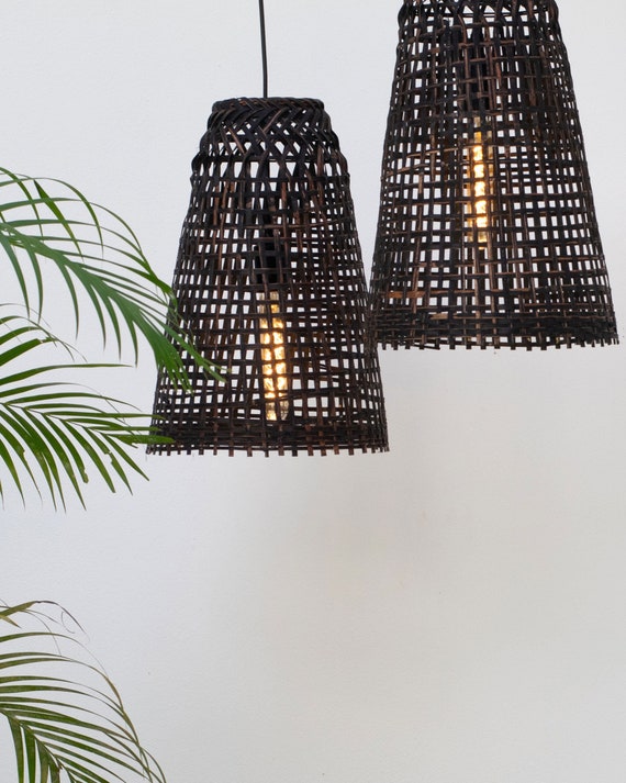 Repurposed Fishing Trap Basket Black Bamboo Pendant Light Handmade