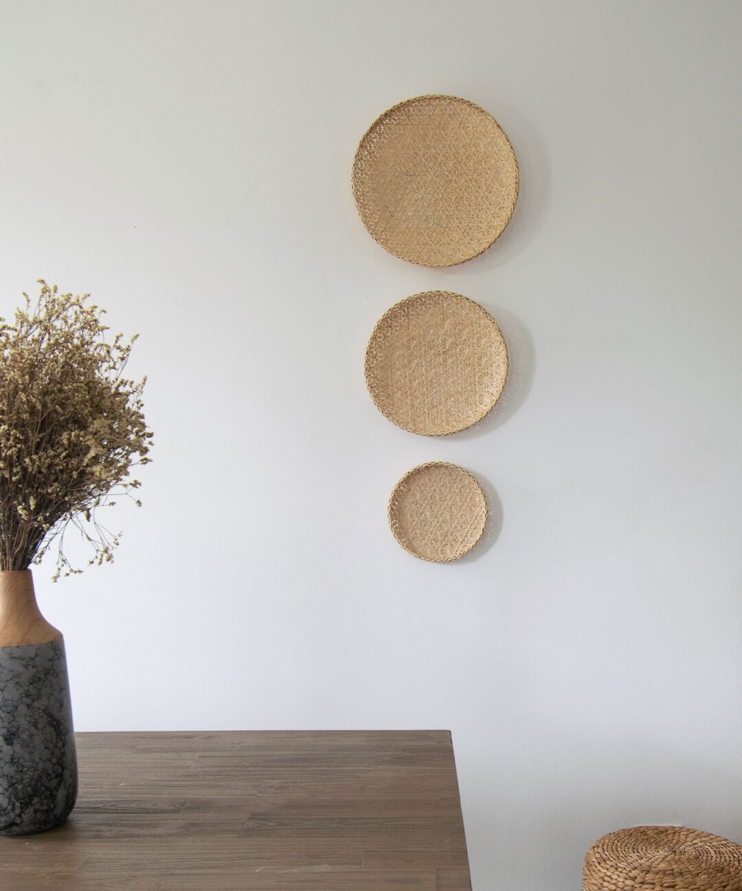 Set of 3 Hand Woven Bamboo & Wicker Wall Art Wall Decor Hanging Large