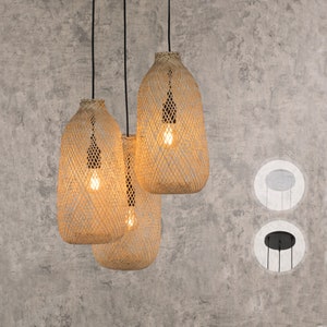 3 SET - Triple Bamboo Pendant Cluster 3 Baskets 1 Ceiling Canopy Hardwired Woven Rattan Wooden Light Restaurant Wedding Rustic White Black