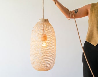 Handwoven Bamboo Rattan Pendant Light, Wicker Shade, Flexible Natural Wood Basket, Rustic Farmhouse Lighting, Canopy Kit or Plug In Swag Kit