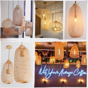 Bamboo Pendant Lamp Handwoven Light Shade Hanging Fish Trap Basket Flexible Natural Wood Wedding Restaurant Lighting Canopy or Swag Plug image 8
