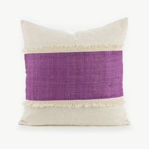 Raw Hill Tribe Hemp Fabric Throw Cushion Pillow 20x20&quot; - Natural Color Textile Oatmeal Rough Texture Striped Pink Purple Tassel Fringe #ID2
