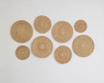 AUTUMN - Set of 8 - Woven Rattan Wall Art Decor - Round Plate Wicker Seagrass Winnowing Hanging Placemats Circular Shapes Wall Art Pattern